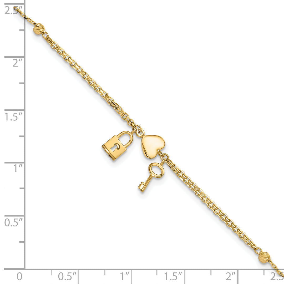 14K Polished and Diamond-cut Heart Lock and Key w/ .5in ext. Bracelet