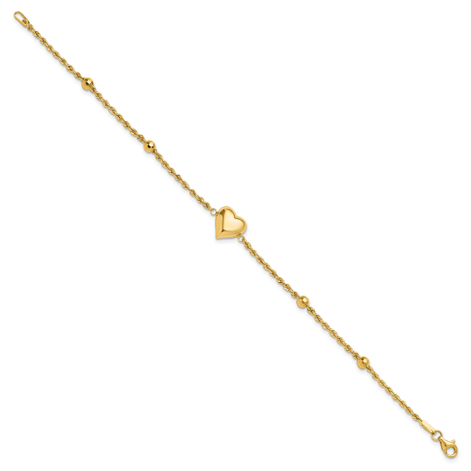 14k Polished and D/C Beaded Puff Heart 7.75in Bracelet