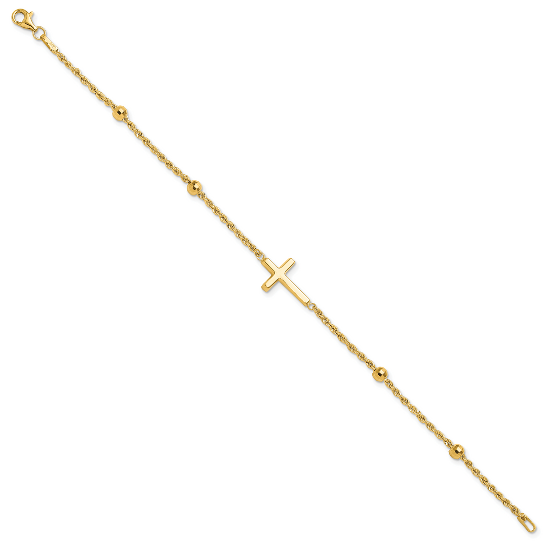 14k D/C Beaded Cross 7.5in Bracelet