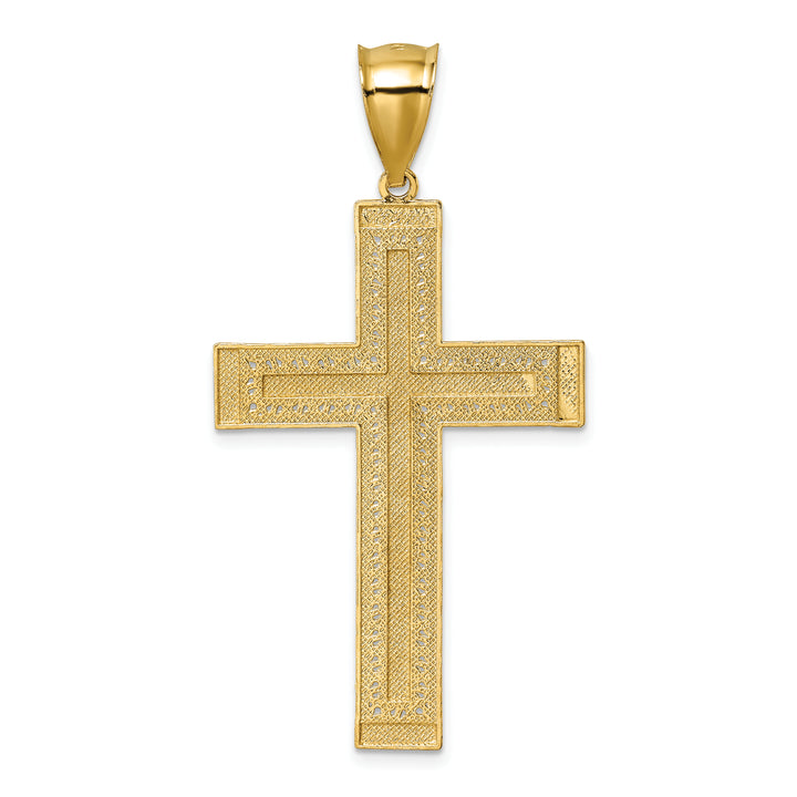14k Polished w/Rhodium Diamond-cut Textured Fancy Cross Pendant