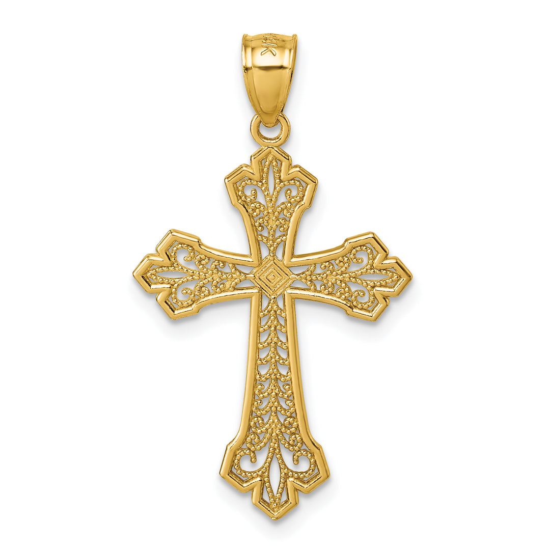14k Polished Diamond-cut Filigree Textured Fancy Cross Pendant
