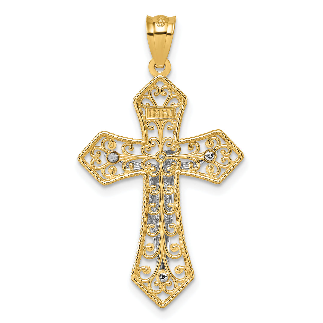 14k Two-tone Polished And Beaded Fancy Crucifix Pendant