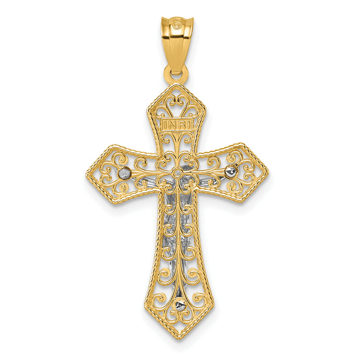 14k Two-tone Polished And Beaded Fancy Crucifix Pendant