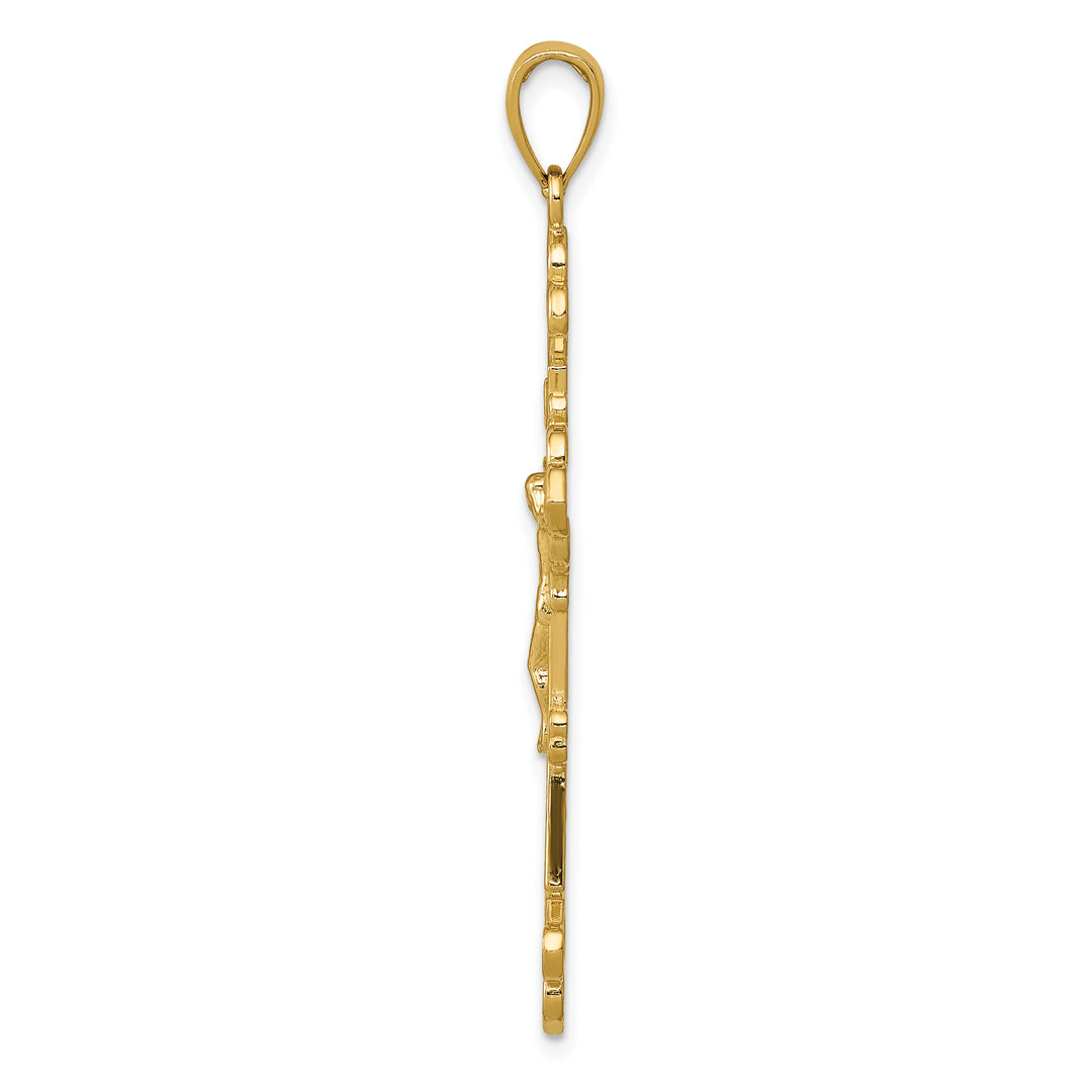 14K Polished Textured INRI Crucifix Fleur de Lis Pendant
