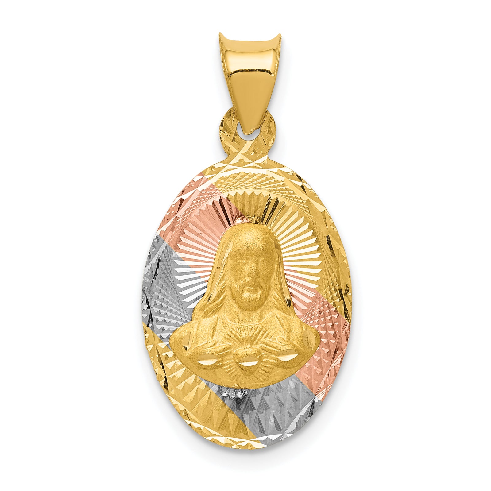 14K w/Rose and White Rhodium D/C Sagrado Corazon Oval Pendant