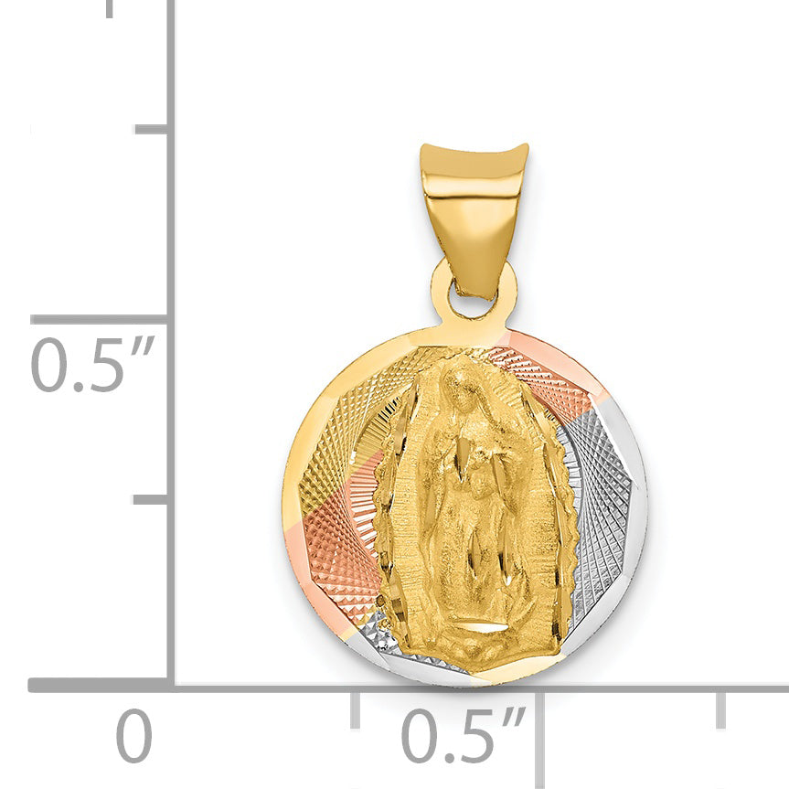14K w/Rhodium Polished D/C Lady Of Guadalupe Circle Pendant