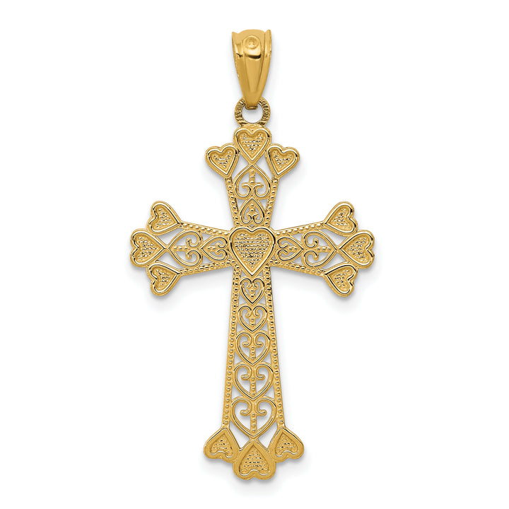 14k Diamond-cut Polished Filigree Hearts Cross Pendant