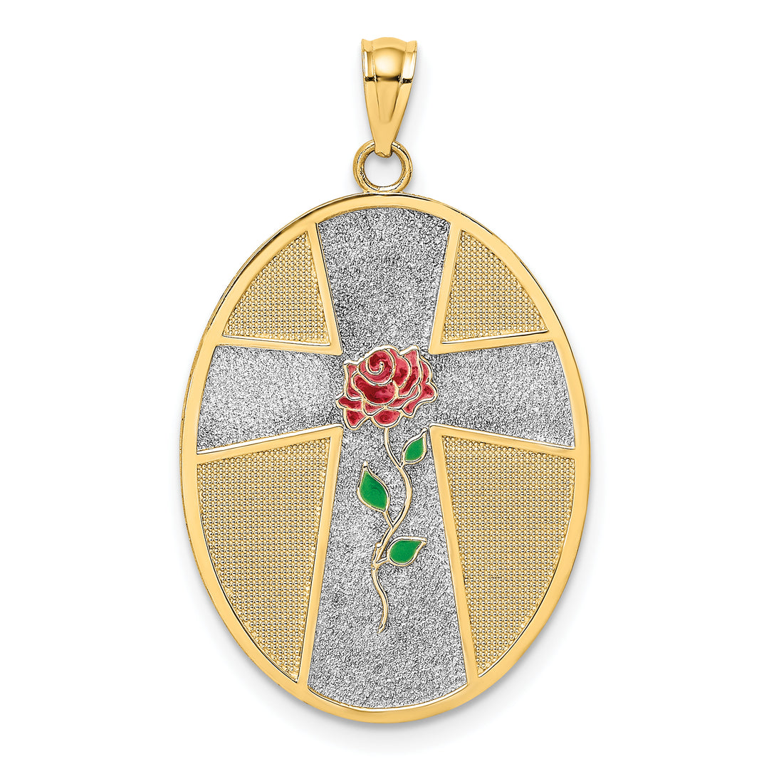 14K w/ Rhodium Enamel Rose Serenity Prayer Oval Disc Charm