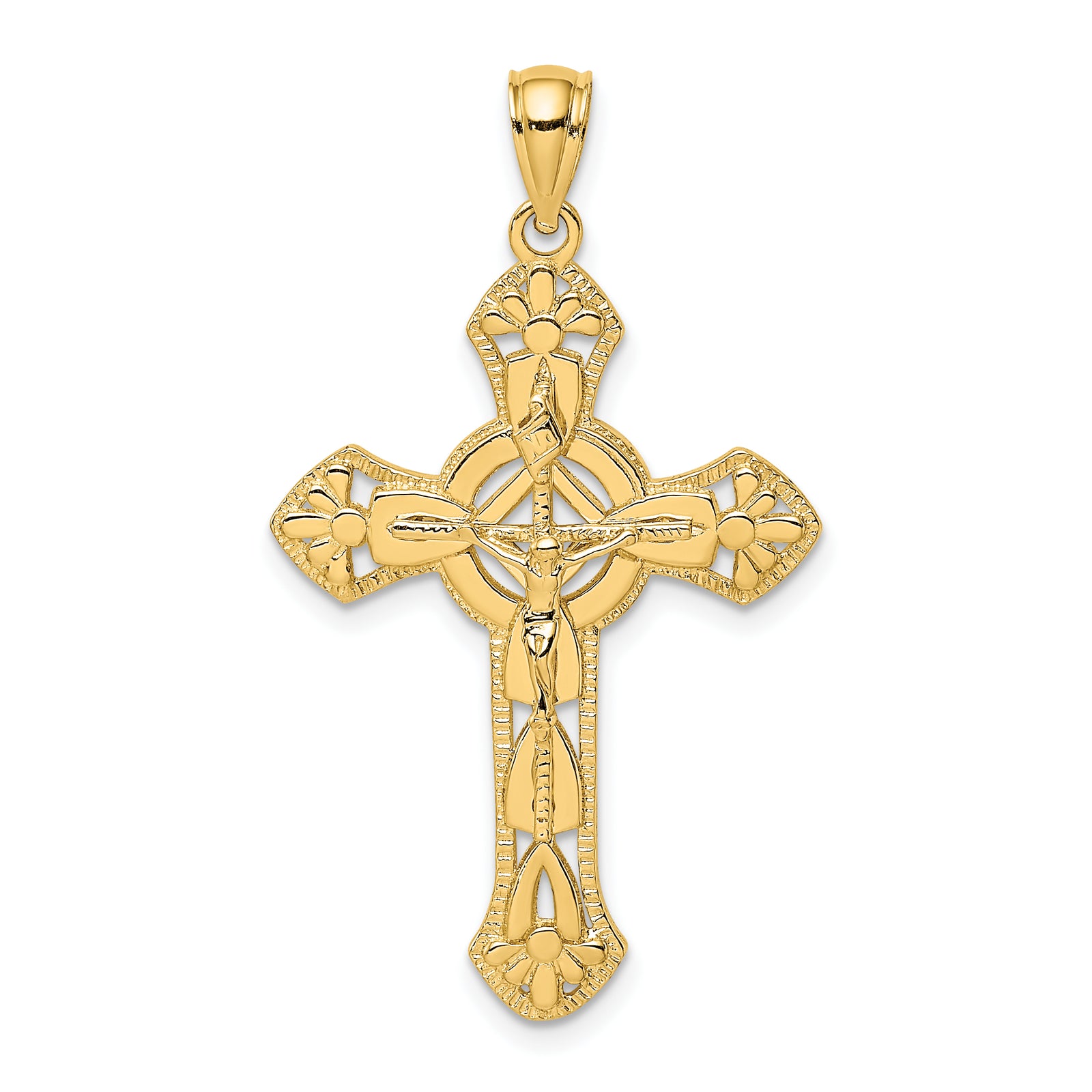 14K Textured Crucifix W/ Arrow Charm