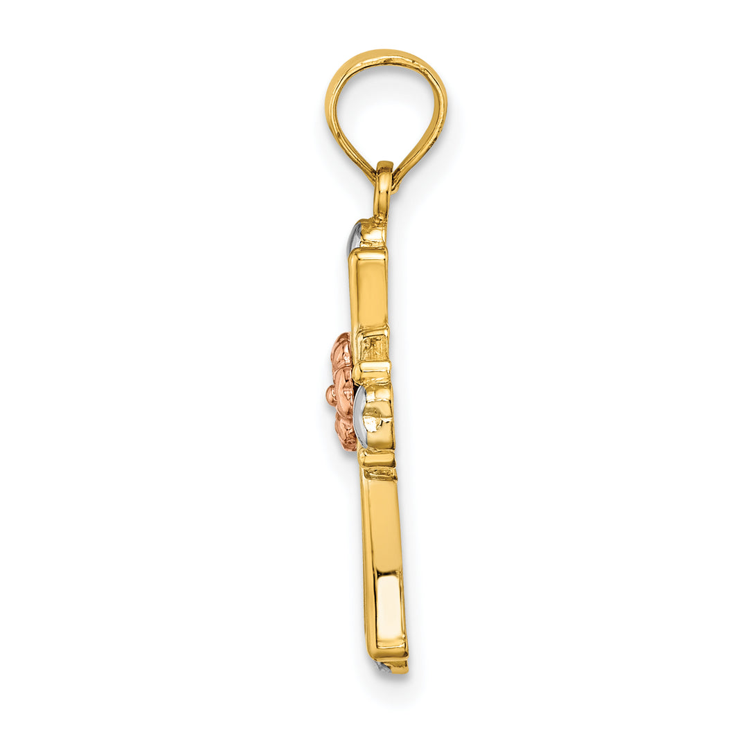 14K Two-tone w/White Rhodium Cross w/Flower and Heart Charm