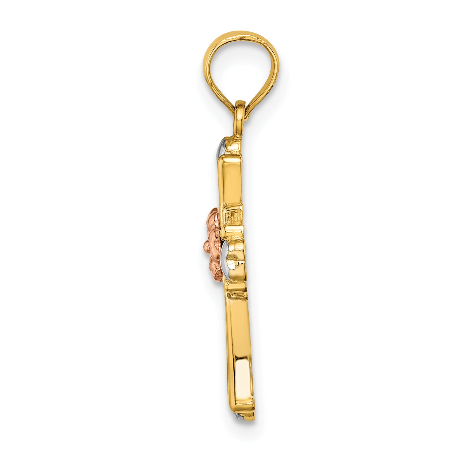 14K Two-tone w/White Rhodium Cross w/Flower and Heart Charm
