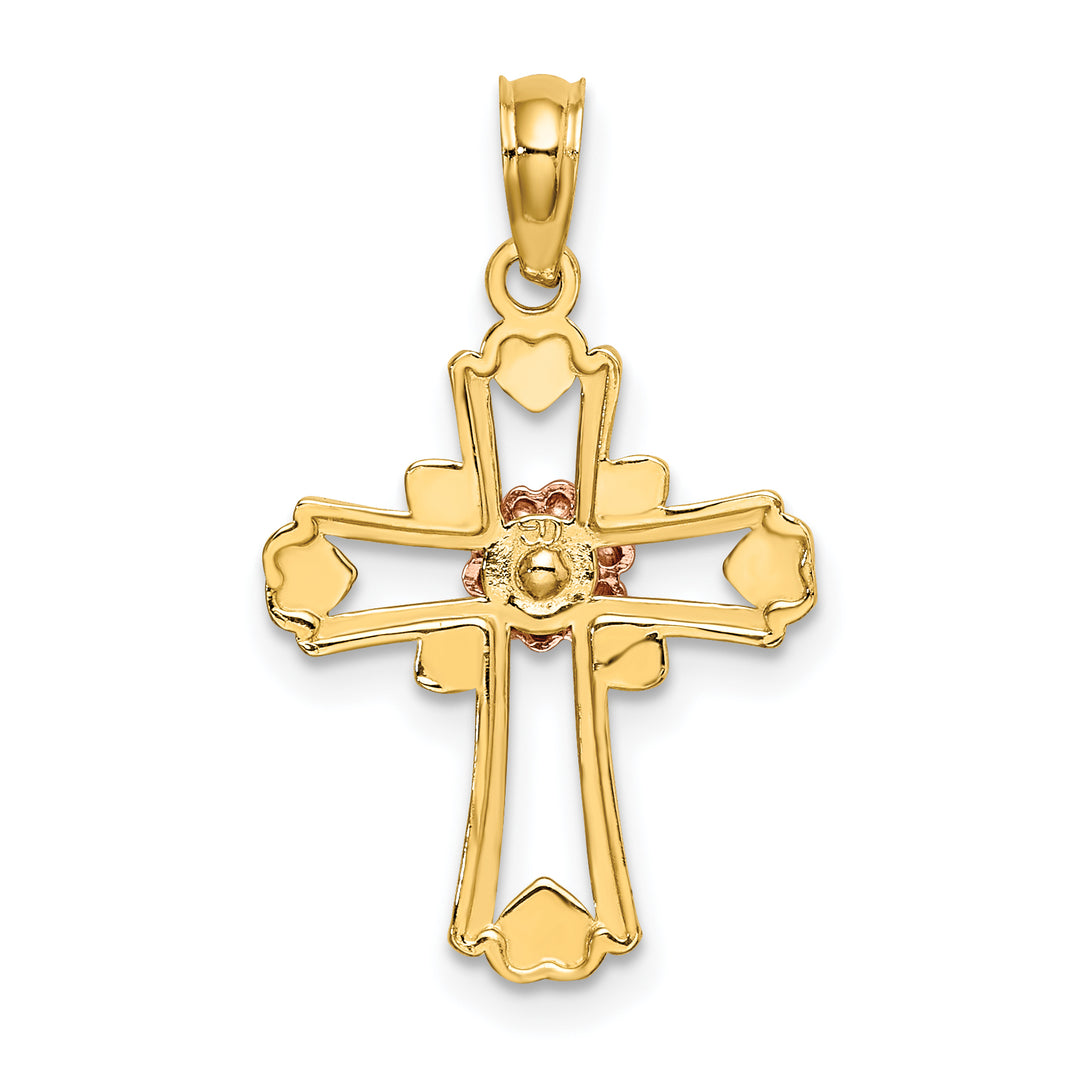 14K Two-tone w/White Rhodium Cross w/Flower and Heart Charm