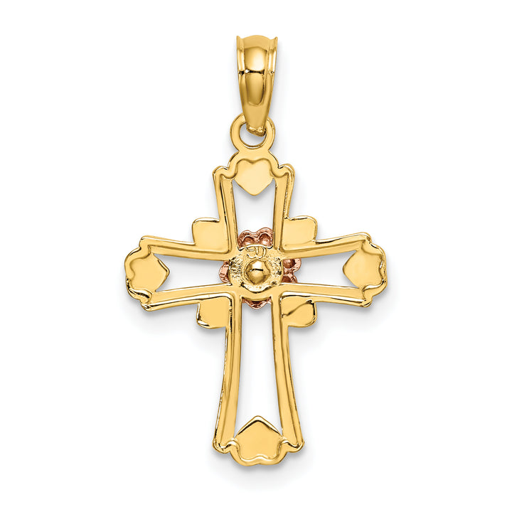 14K Two-tone w/White Rhodium Cross w/Flower and Heart Charm