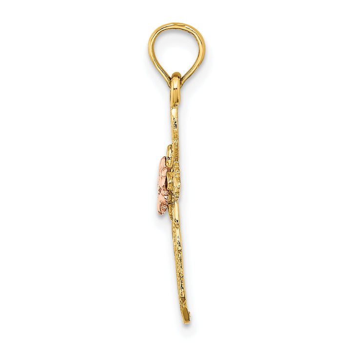 14k Two-tone Cut-Out Cross w/ Flower Charm