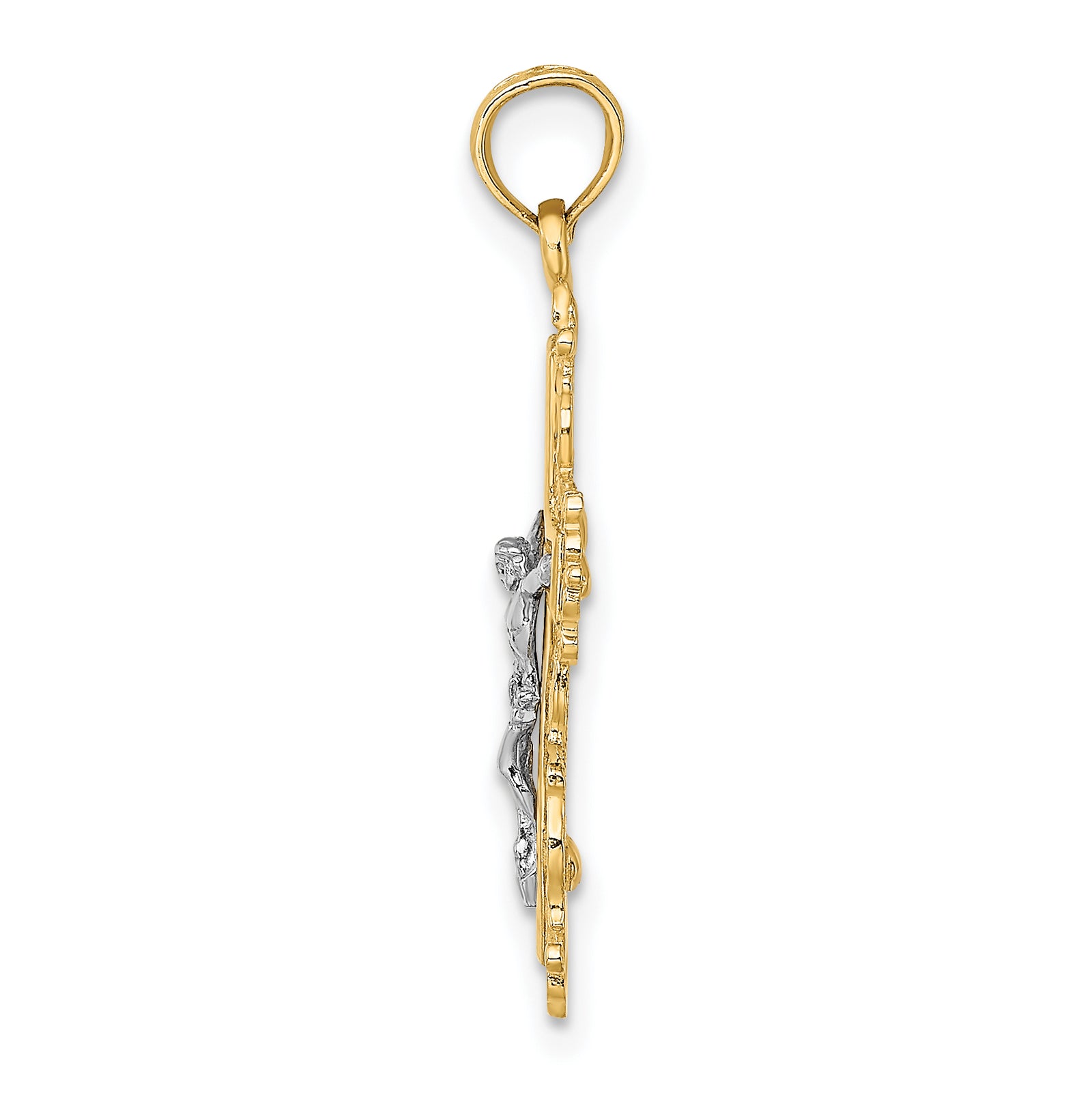 14K W/ Rhodium Textured Lace Trim Crucifix Charm