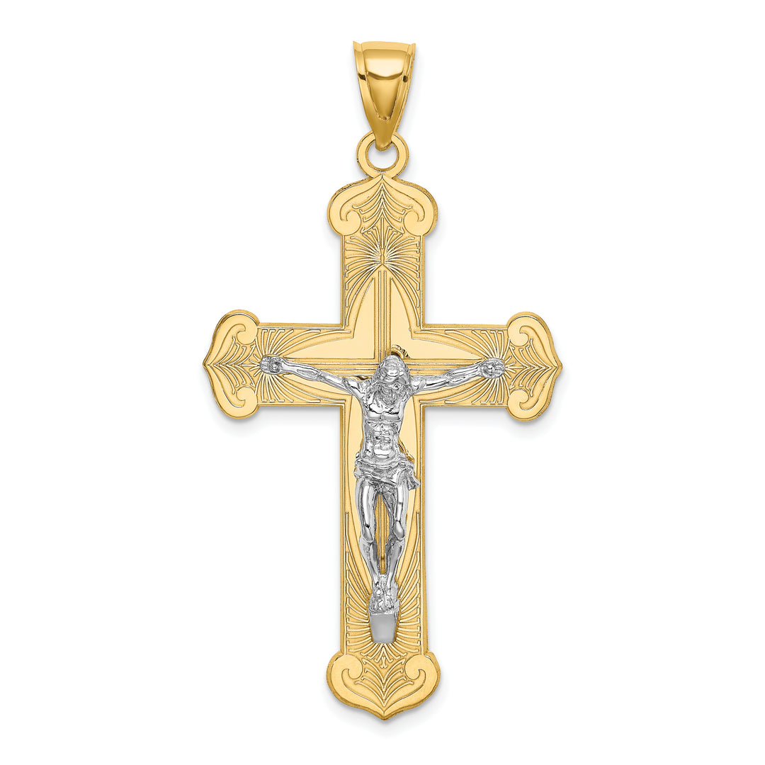 14K Two-tone Engraved Crucifix Charm