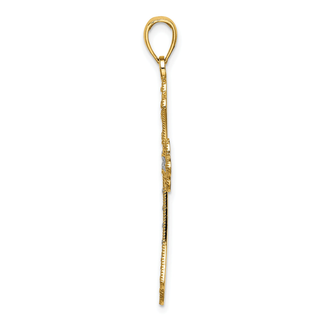 14K W/ Rhodium Scalloped Edges Cross Charm