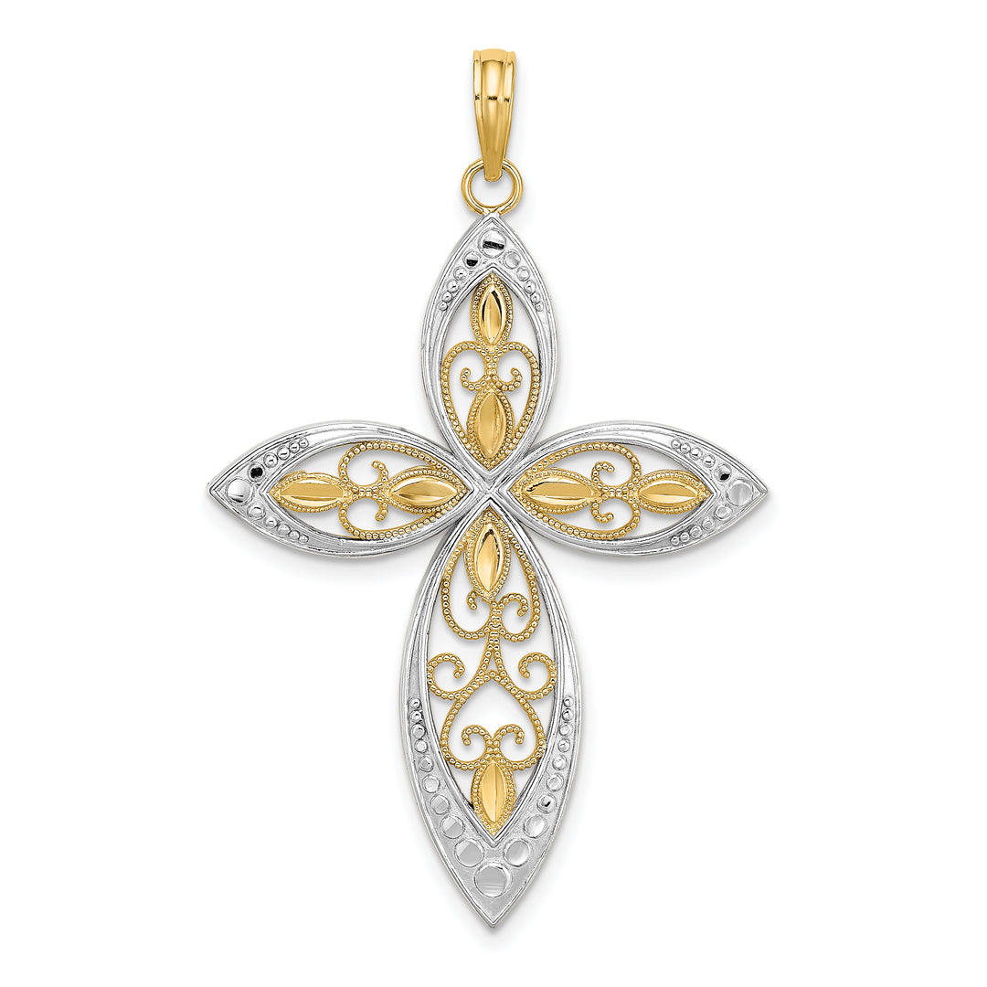 14K W/ Rhodium Beaded Filigree Cross Charm