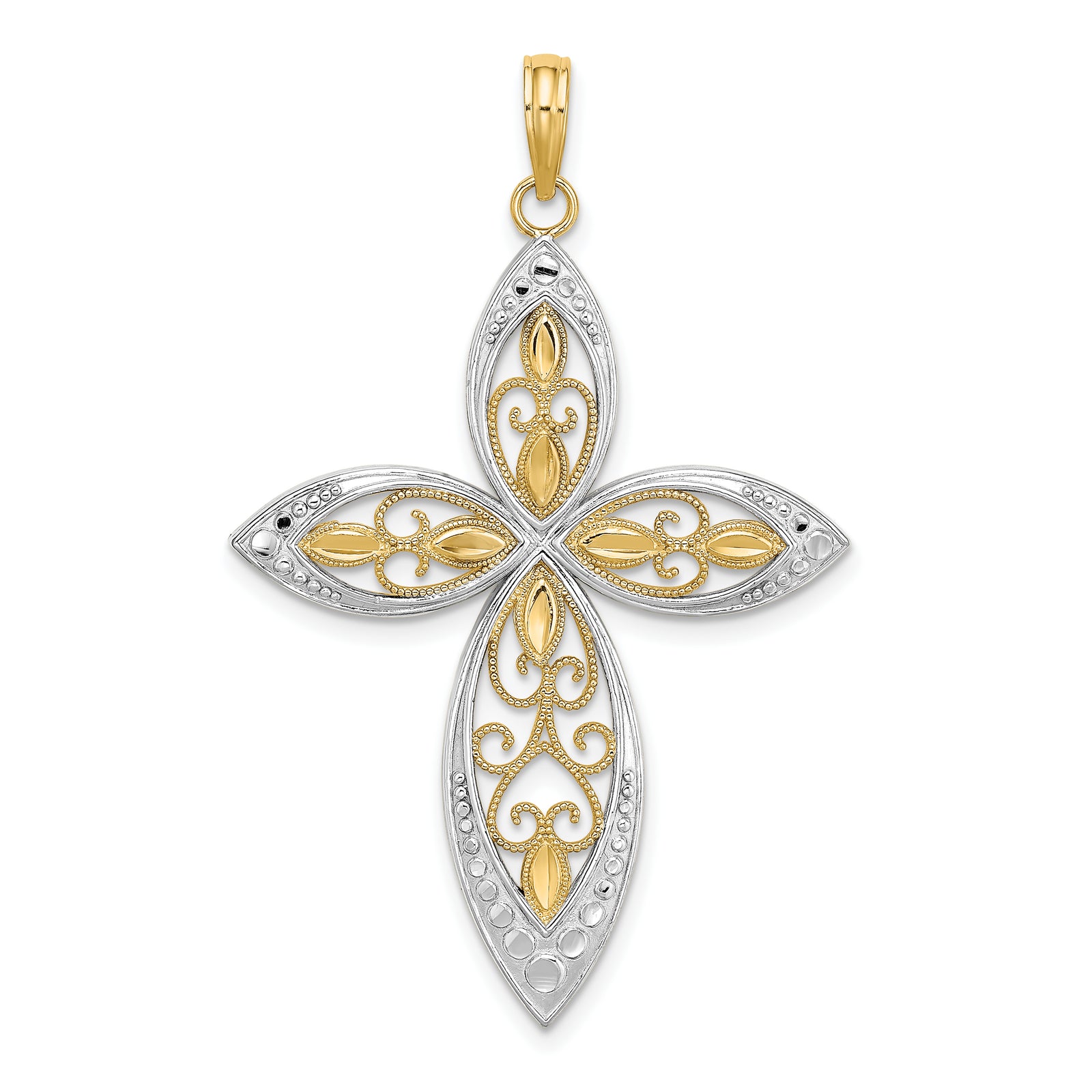 14K W/ Rhodium Beaded Filigree Cross Charm