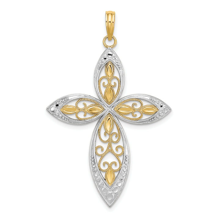 14K W/ Rhodium Beaded Filigree Cross Charm