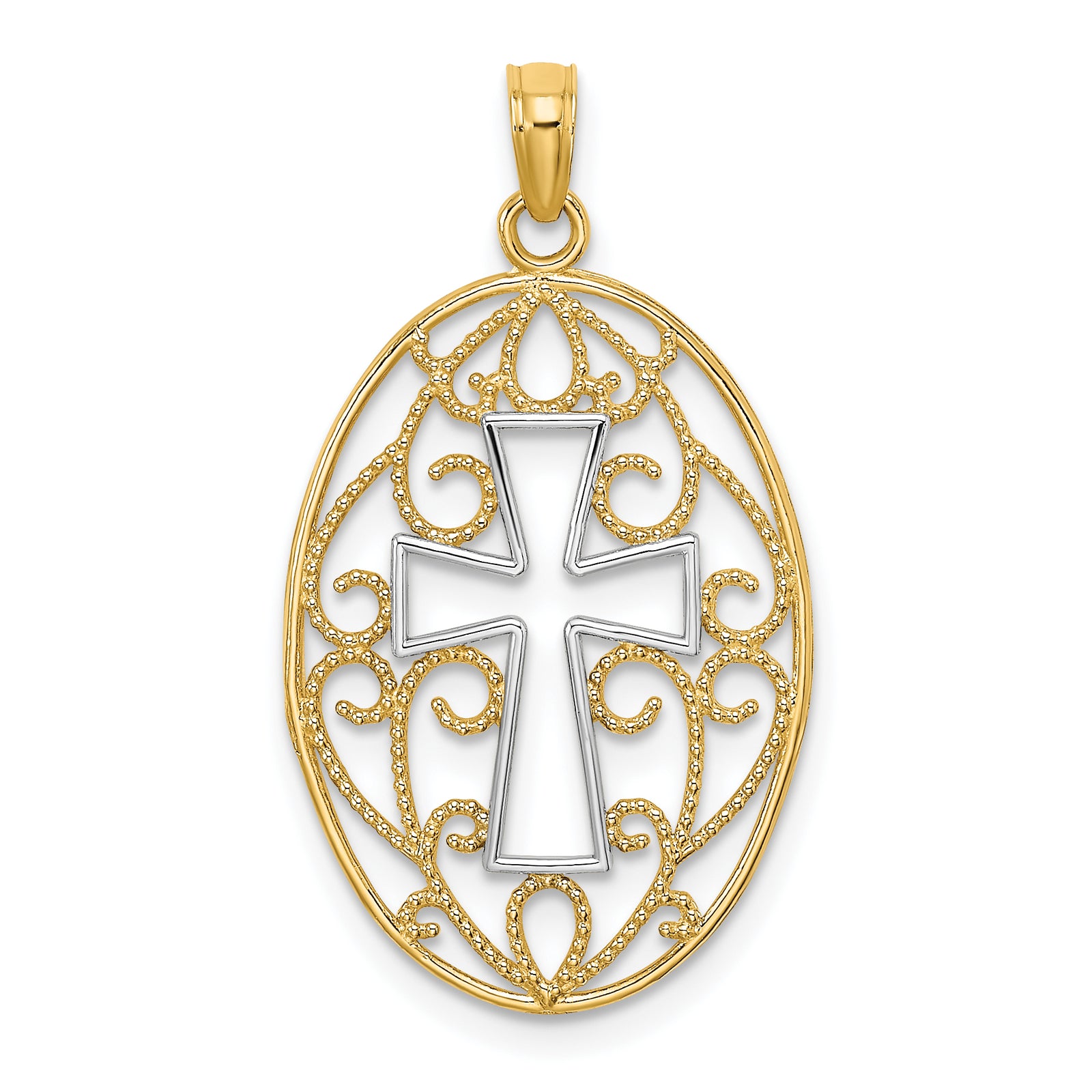 14K w/Rhodium Beaded Filigree Cross Charm