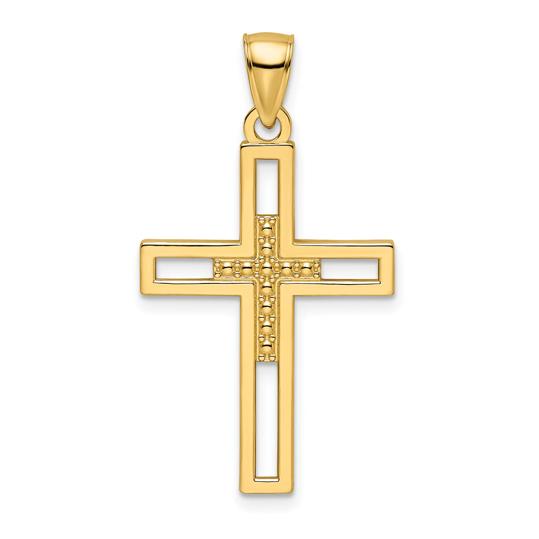 14k Beaded & Polished Double Cross Pendant
