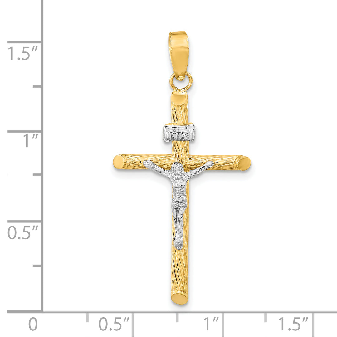 14K w/White Rhod Polished & Textured INRI Crucifix Cross Pendant