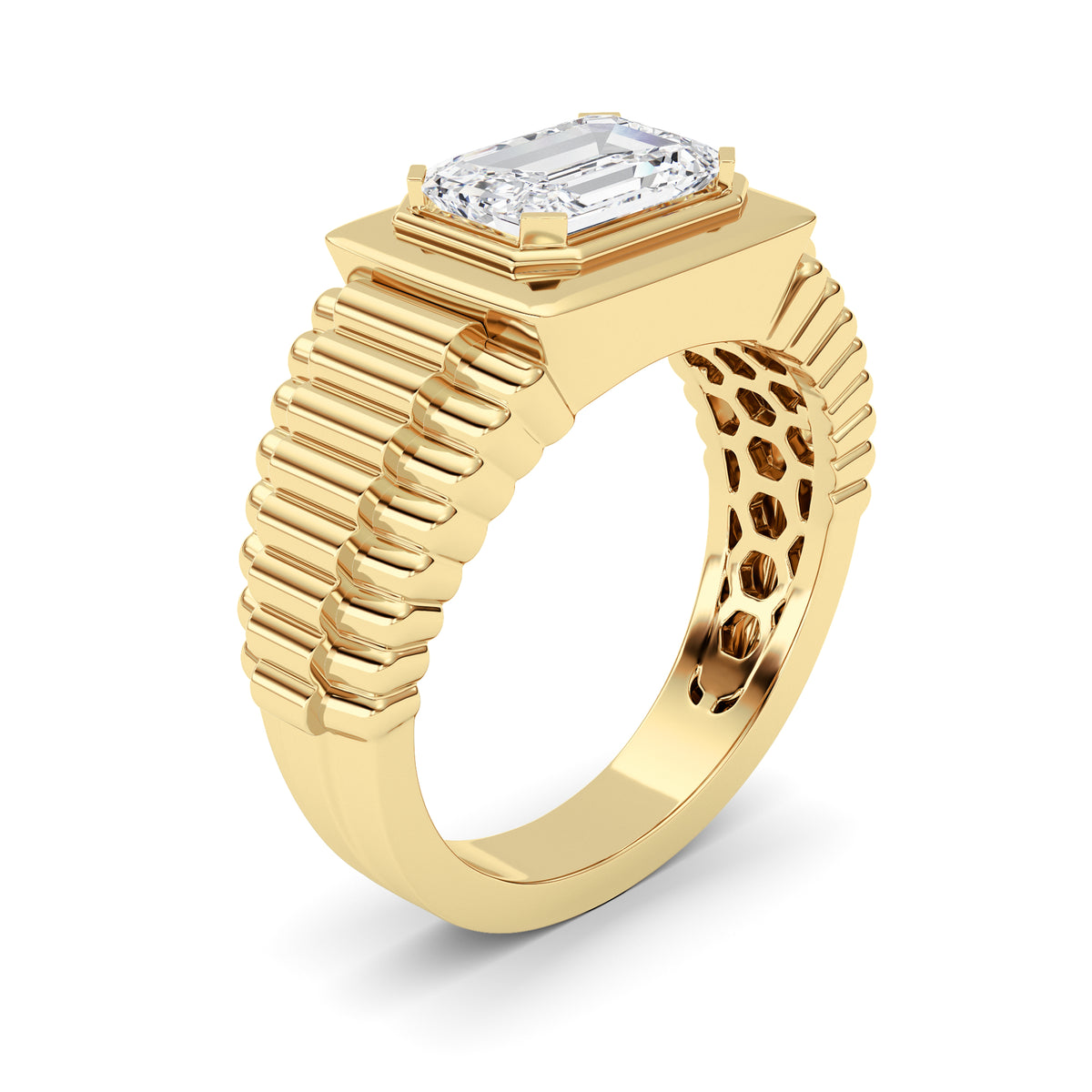 2.5Cttw Emerald Shaped Lab Grown Diamond (F/VS) Mens Ring in 14K Yellow Gold