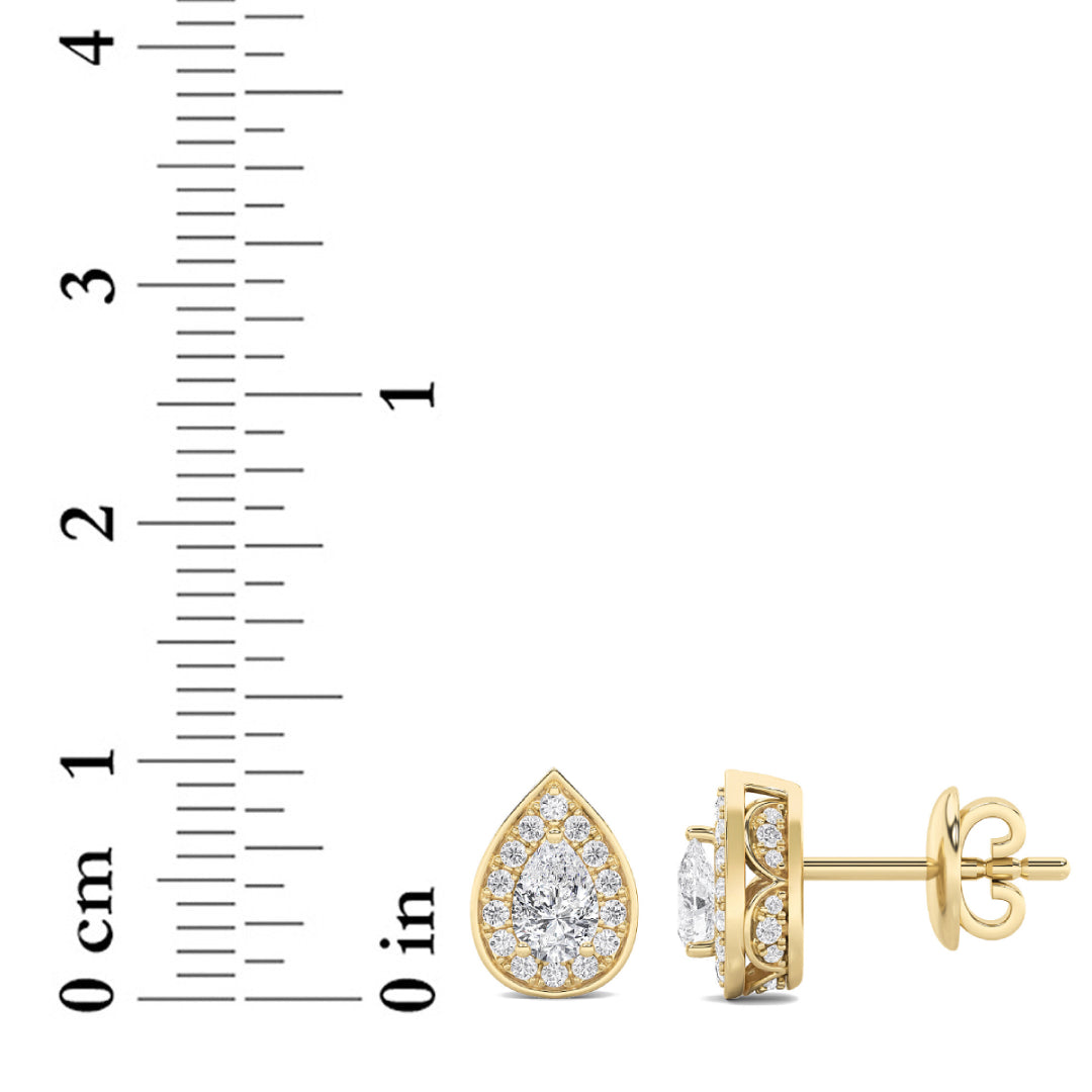 1Cttw Pear Shaped Lab Grown Diamond (F/VS) Halo Stud Earrings in 14K Gold