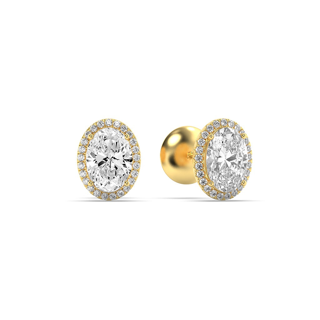 1Cttw Oval Shaped Lab Grown Diamond (F/VS) Halo Stud Earrings in 14K Gold