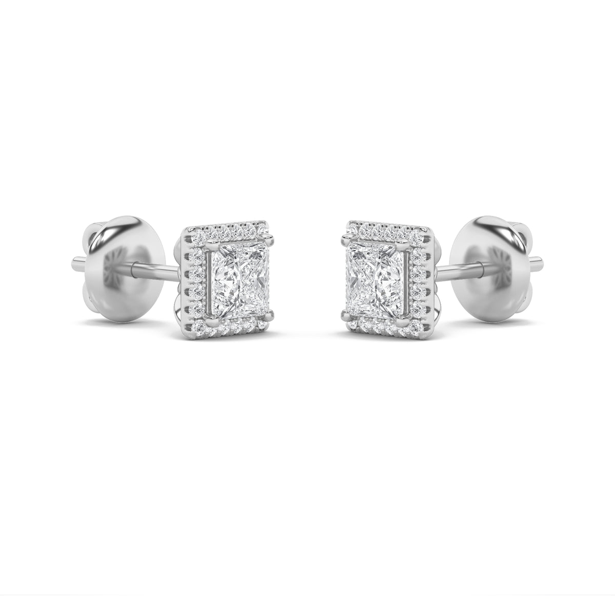 2Cttw Princess Shaped Lab Grown Diamond (F/VS) Halo Stud Earrings in 14K Gold