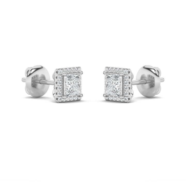 2Cttw Princess Shaped Lab Grown Diamond (F/VS) Halo Stud Earrings in 14K Gold