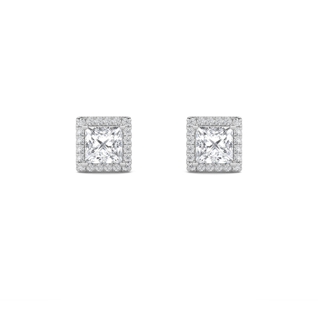 2Cttw Princess Shaped Lab Grown Diamond (F/VS) Halo Stud Earrings in 14K Gold