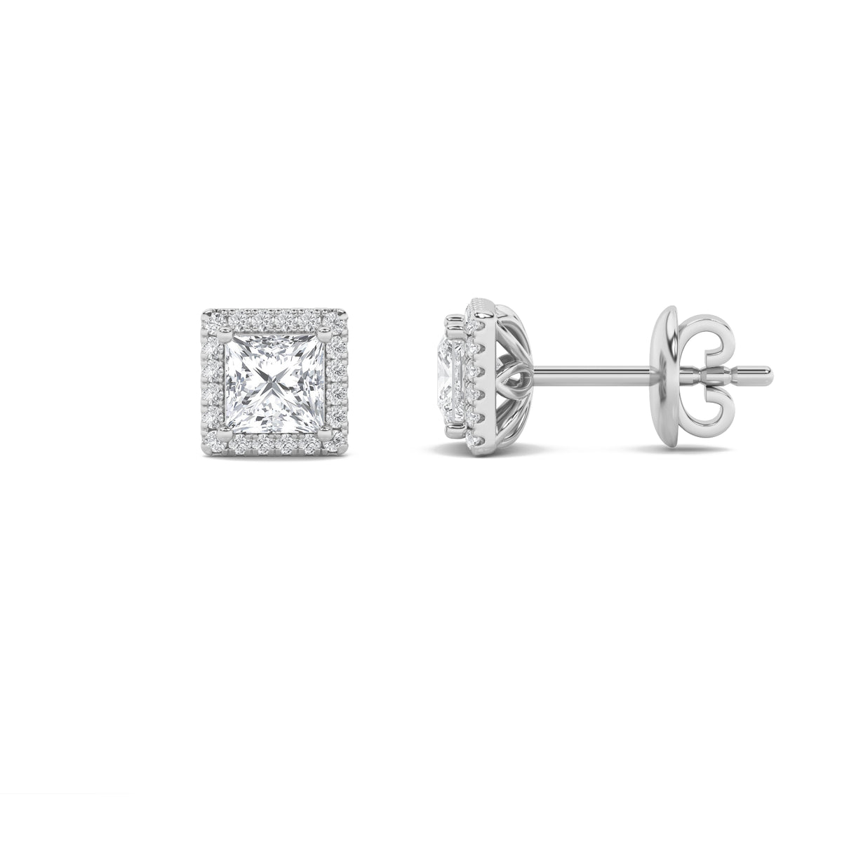 2Cttw Princess Shaped Lab Grown Diamond (F/VVS) Halo Stud Earrings in 14K Gold