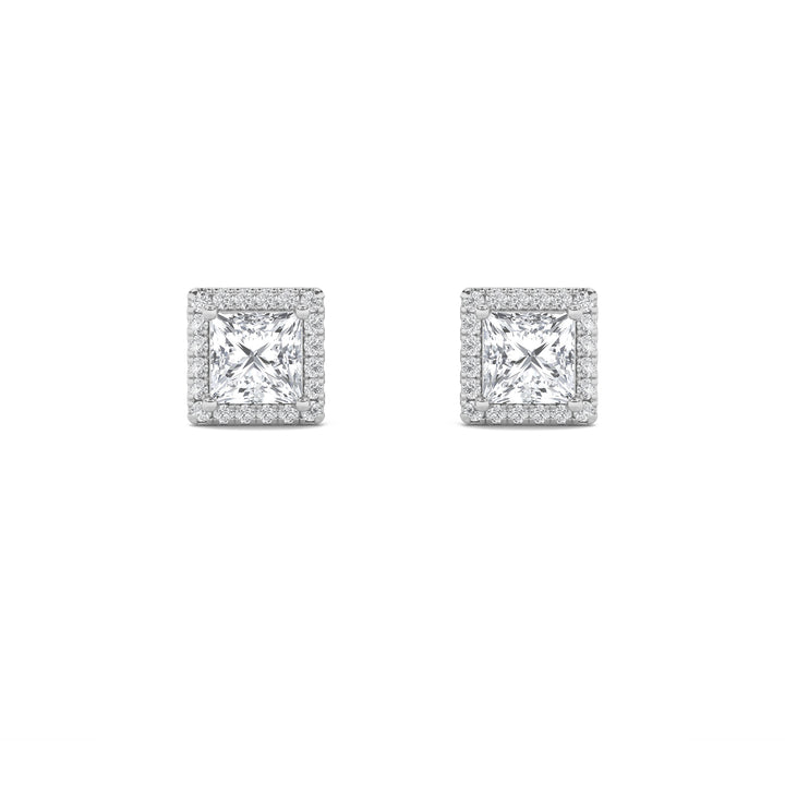 2Cttw Princess Shaped Lab Grown Diamond (F/VVS) Halo Stud Earrings in 14K Gold