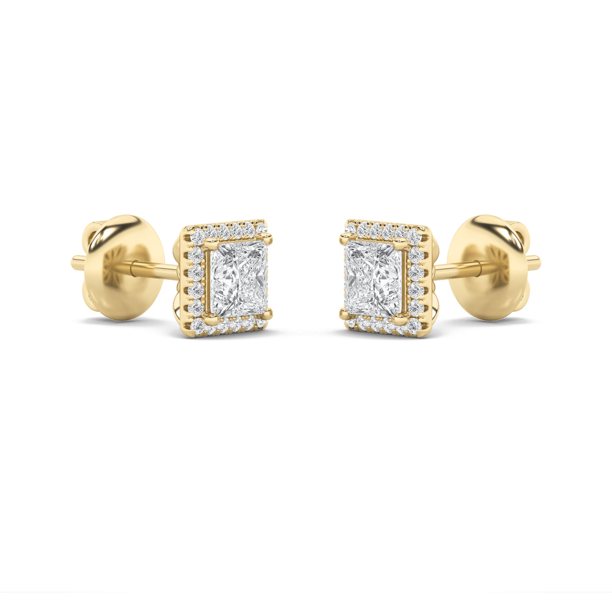 2Cttw Princess Shaped Lab Grown Diamond (F/VS) Halo Stud Earrings in 14K Gold