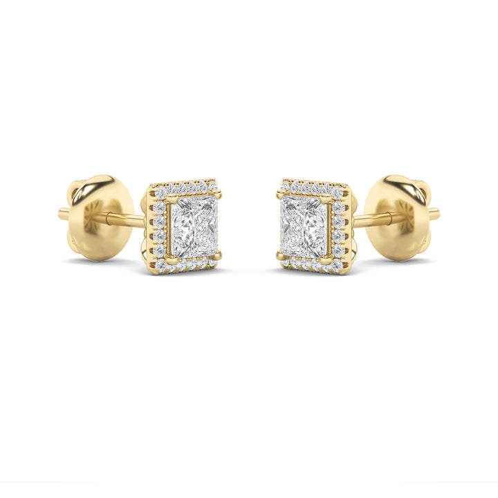 2Cttw Princess Shaped Lab Grown Diamond (F/VS) Halo Stud Earrings in 14K Gold