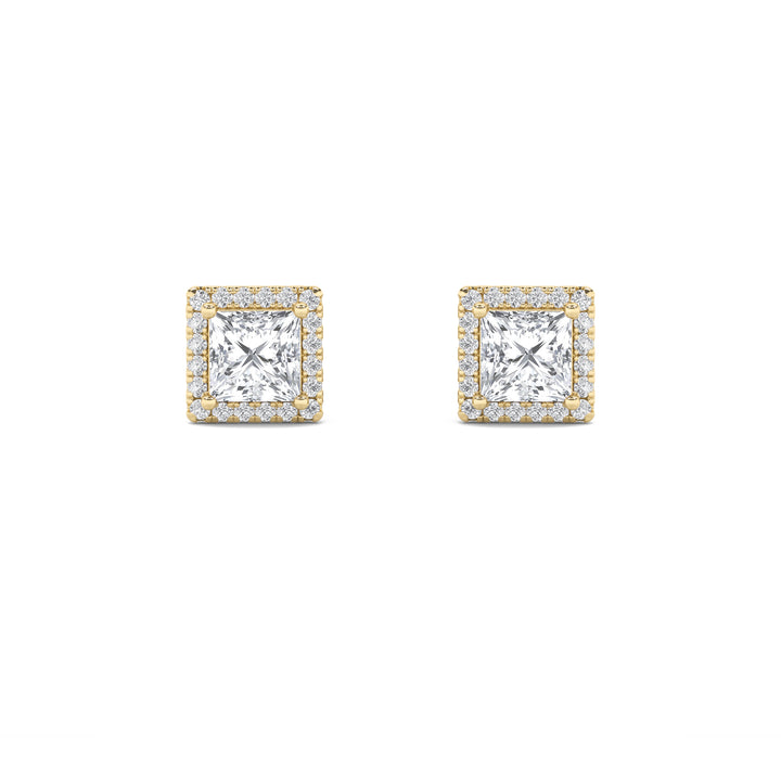 2Cttw Princess Shaped Lab Grown Diamond (F/VS) Halo Stud Earrings in 14K Gold