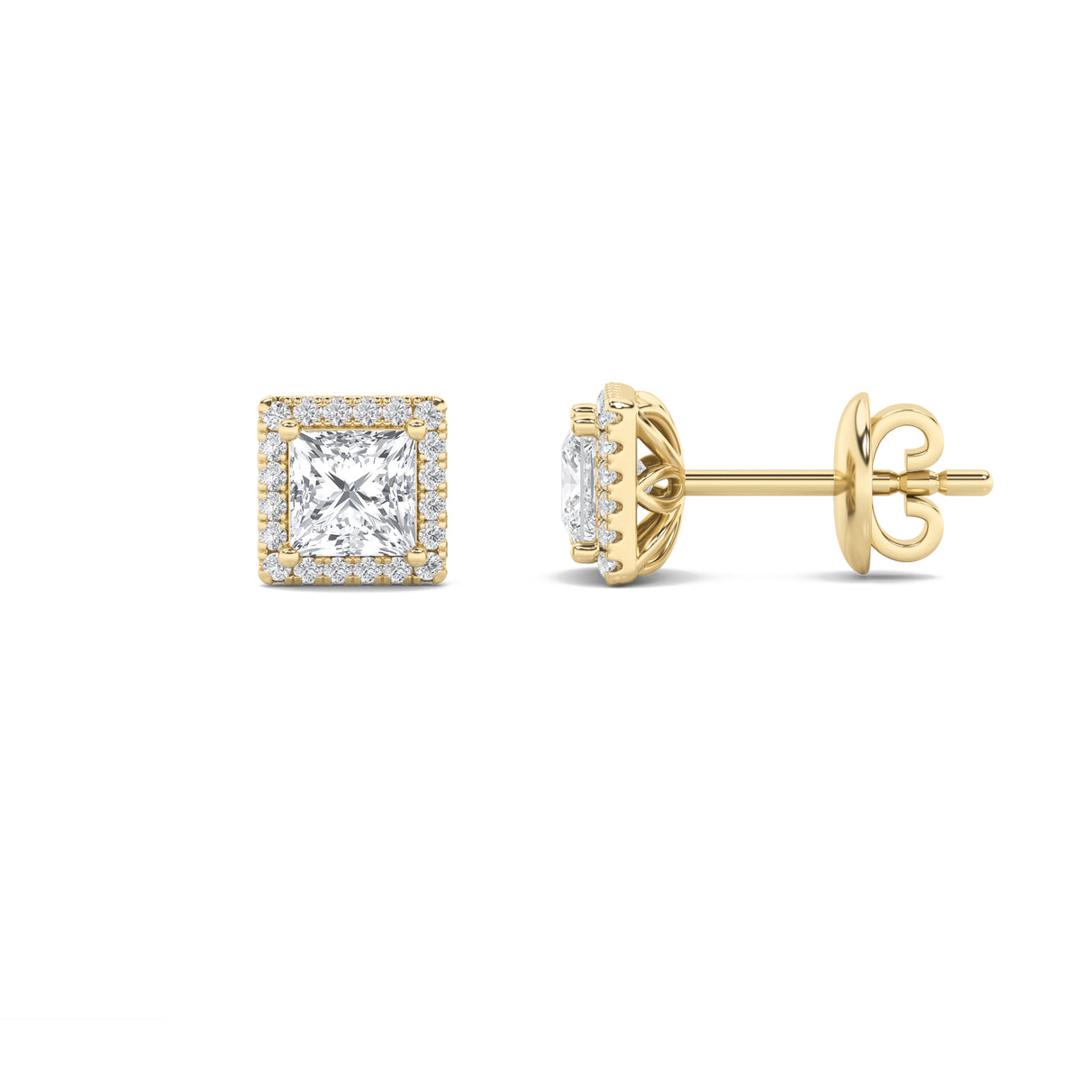 2Cttw Princess Shaped Lab Grown Diamond (G/VS) Halo Stud Earrings in 14K Gold