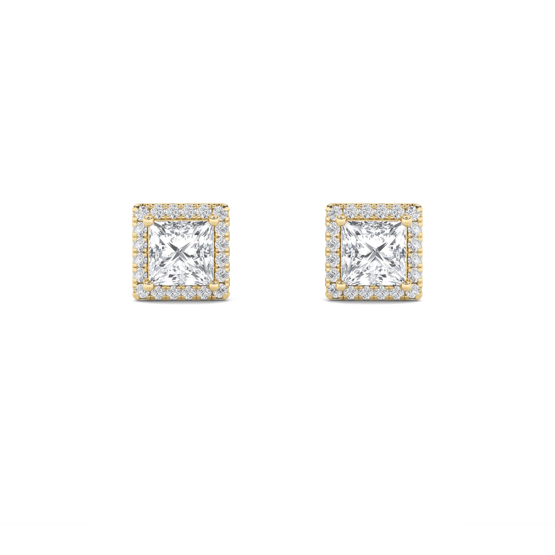 2Cttw Princess Shaped Lab Grown Diamond (G/VS) Halo Stud Earrings in 14K Gold
