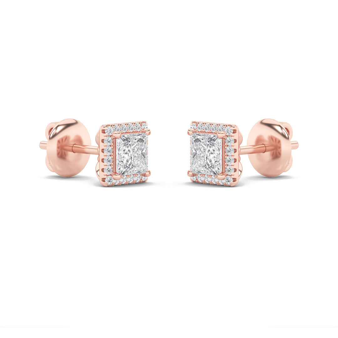 2Cttw Princess Shaped Lab Grown Diamond (F/VS) Halo Stud Earrings in 14K Gold