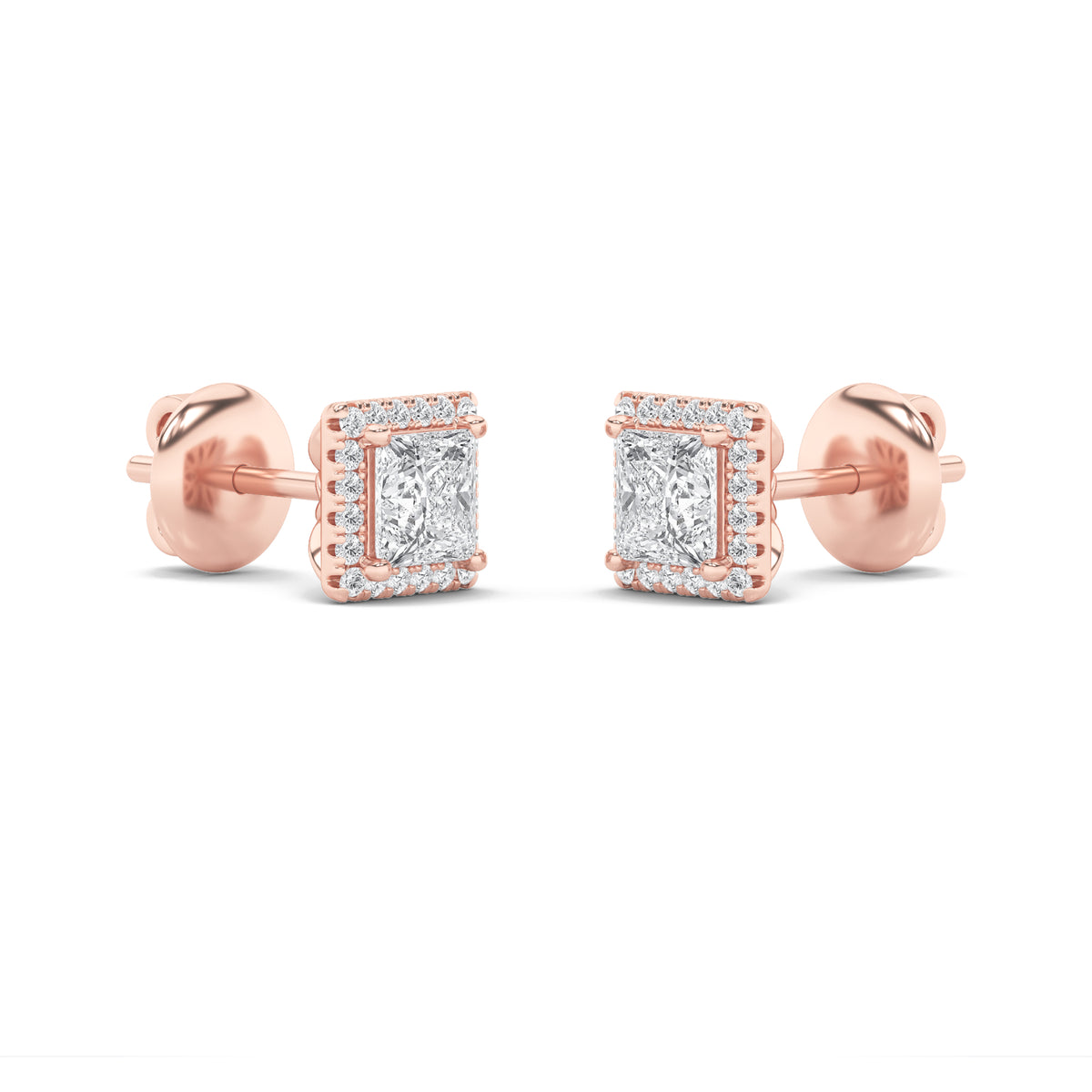 2Cttw Princess Shaped Lab Grown Diamond (F/VS) Halo Stud Earrings in 14K Gold