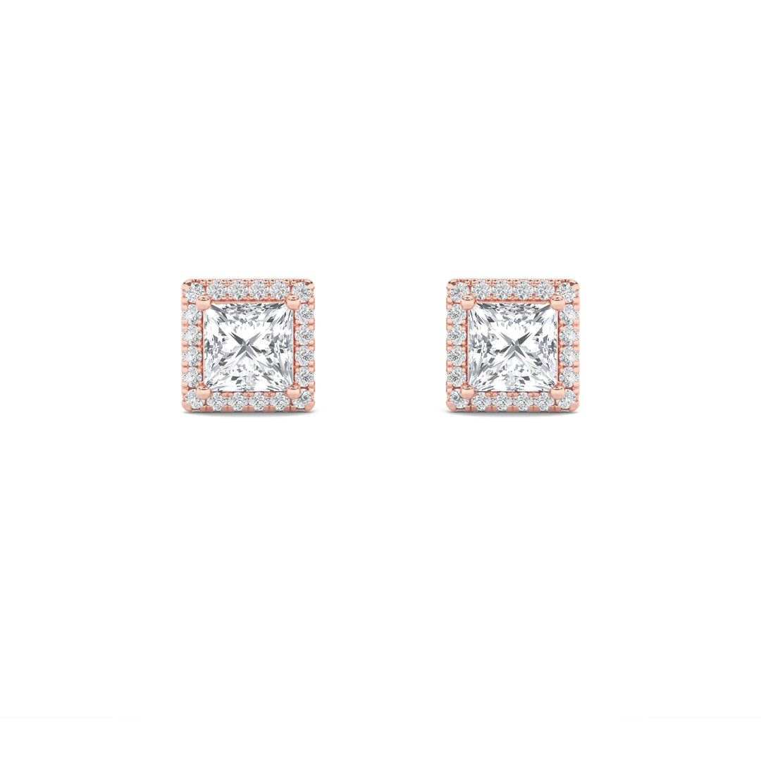 2Cttw Princess Shaped Lab Grown Diamond (F/VS) Halo Stud Earrings in 14K Gold