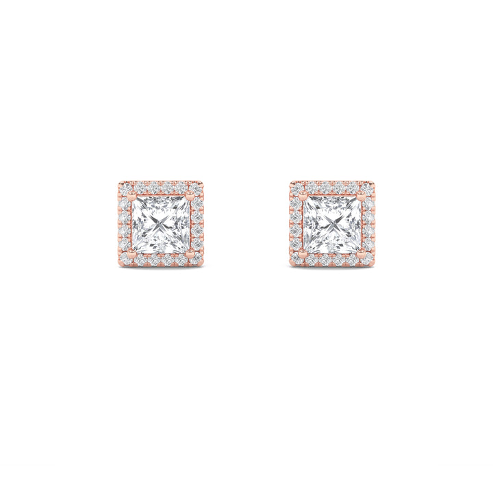 2Cttw Princess Shaped Lab Grown Diamond (F/VS) Halo Stud Earrings in 14K Gold