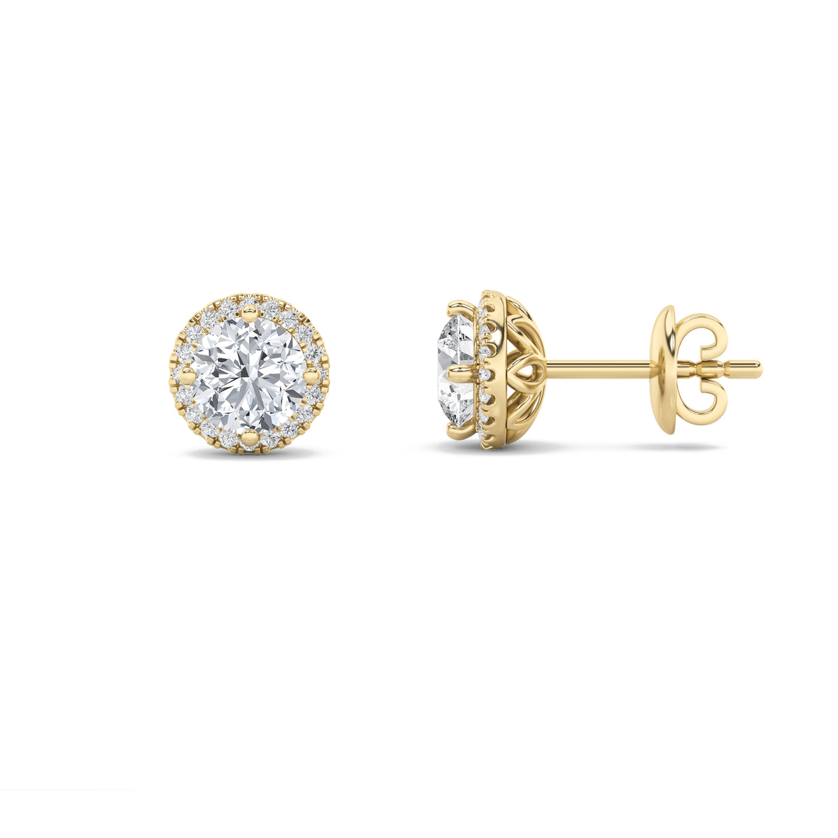 1Cttw Round Shaped Lab Grown Diamond (F/VS) Halo Stud Earrings in 14K Gold