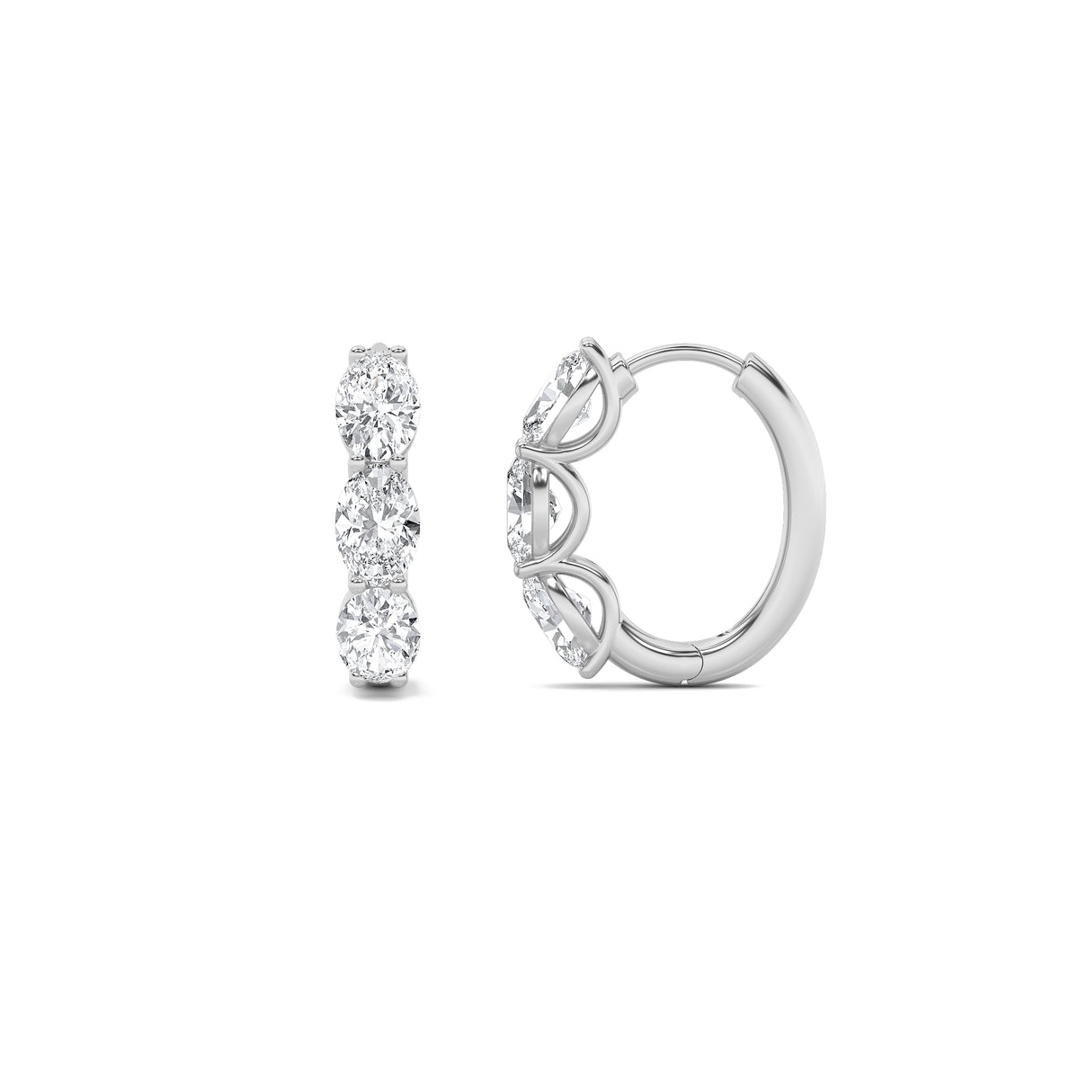 3Cttw Oval Shaped Lab Grown Diamond (G/VS) Three Stone Huggie Earrings in 14K Gold