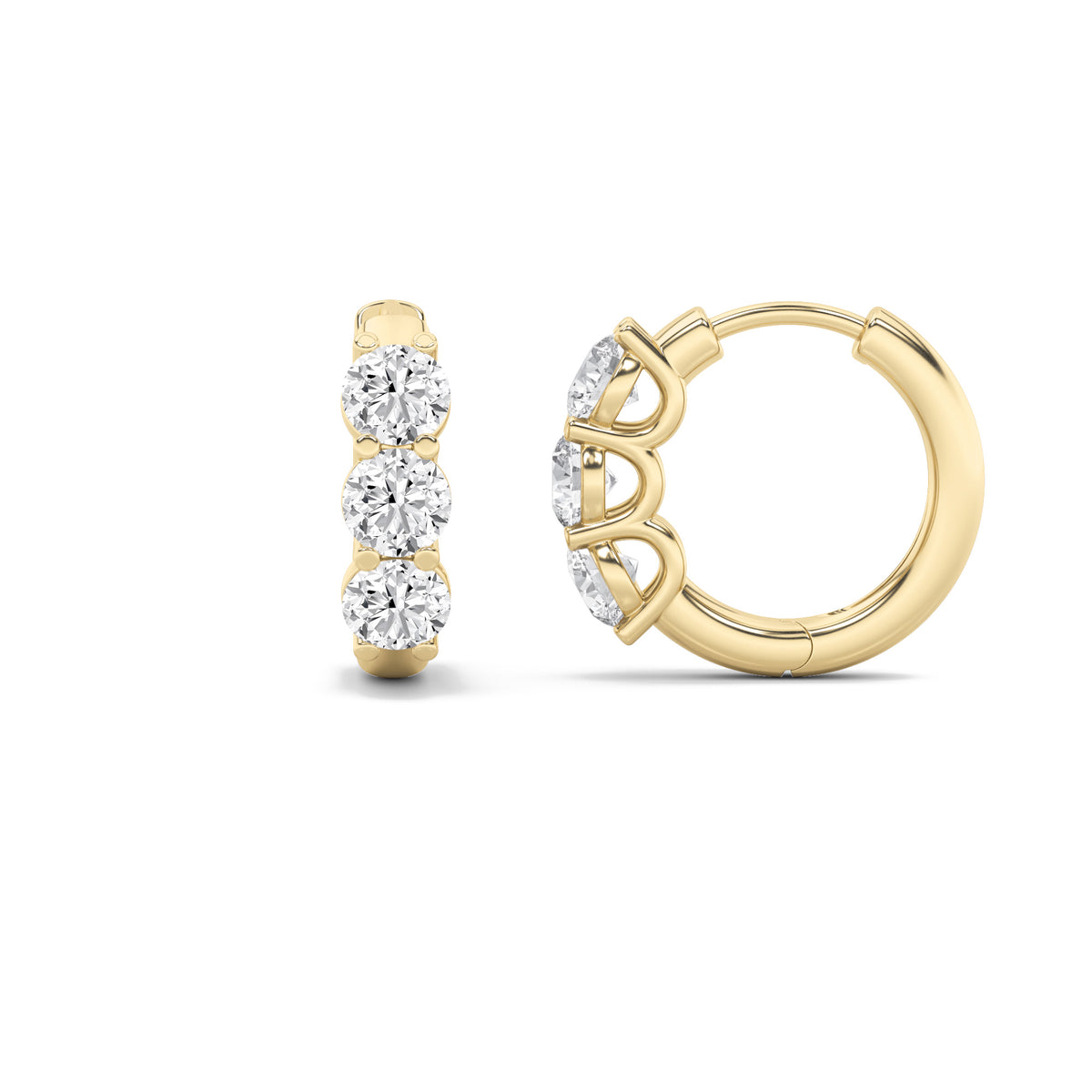 2Cttw Round Shaped Lab Grown Diamond (G/VS) ThreeStone Huggie Earrings in 10K Gold