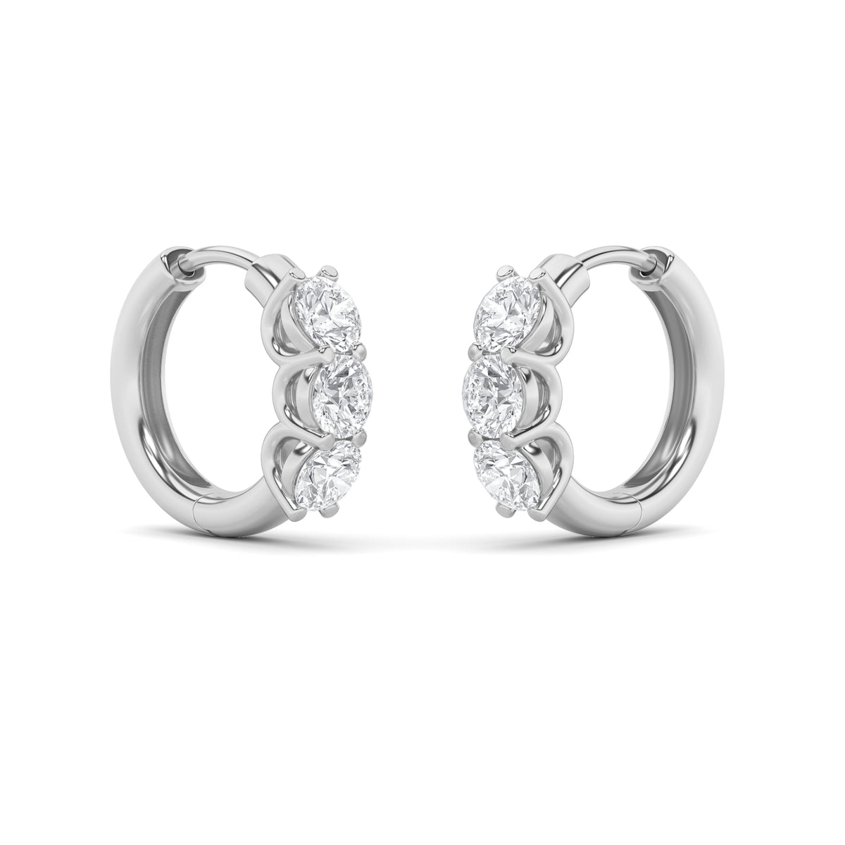 2Cttw Round Shaped Lab Grown Diamond (G/VS) ThreeStone Huggie Earrings in 14K Gold