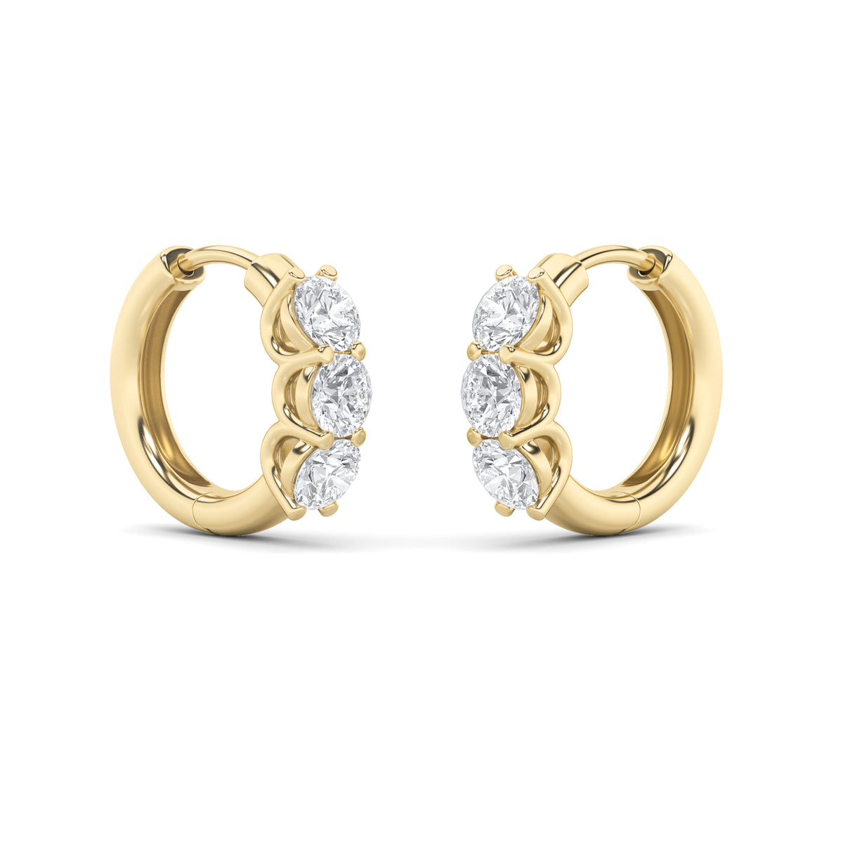 2Cttw Round Shaped Lab Grown Diamond (G/VS) ThreeStone Huggie Earrings in 14K Gold