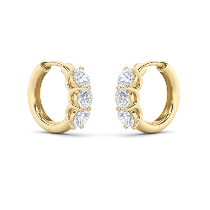 2Cttw Round Shaped Lab Grown Diamond (G/VS) ThreeStone Huggie Earrings in 14K Gold